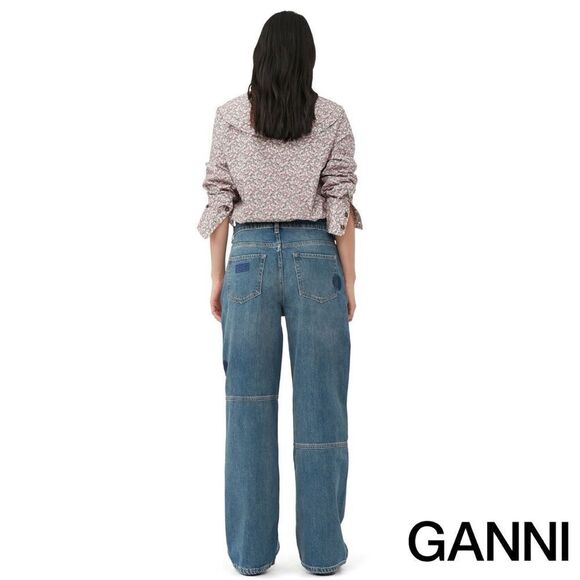 GANNI **NWT** Frost Gray Floral Print Cotton Poplin Double-Collar Shirt - Picture 4 of 16